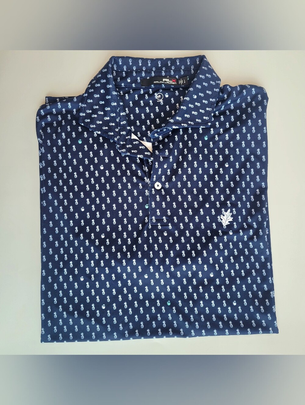 RLX Ralph Lauren Polo Shirt Mens Large Blue Pineapple Print Golf Performance
